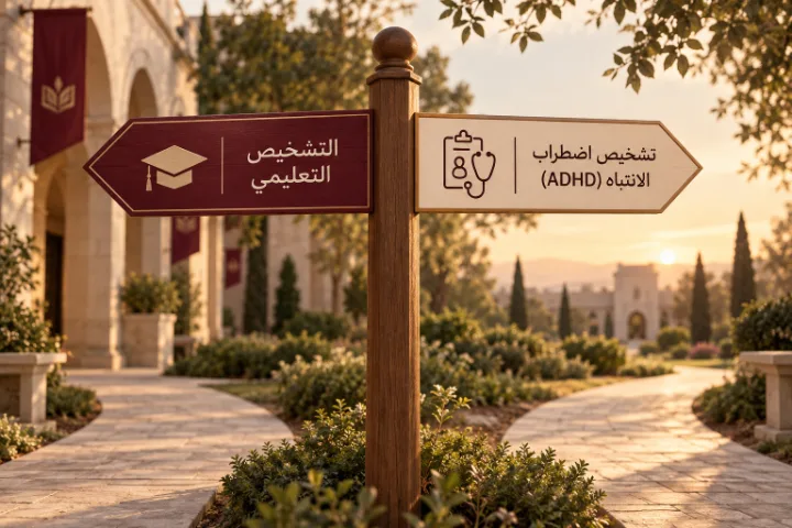 رسم توضيحي لمسارين مهنيين منفصلين يرمزان إلى التشخيص التعليمي وتشخيص اضطراب الانتباه